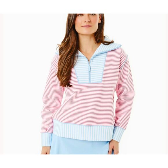 NWT Addison Bay Large Double Knit Alley Quarter Zip Guava Baby Blue Stripe L - Picture 1 of 6